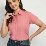 Regular shirt Peach Stylish Design Solid Short Sleeve Collar Casual Shirt